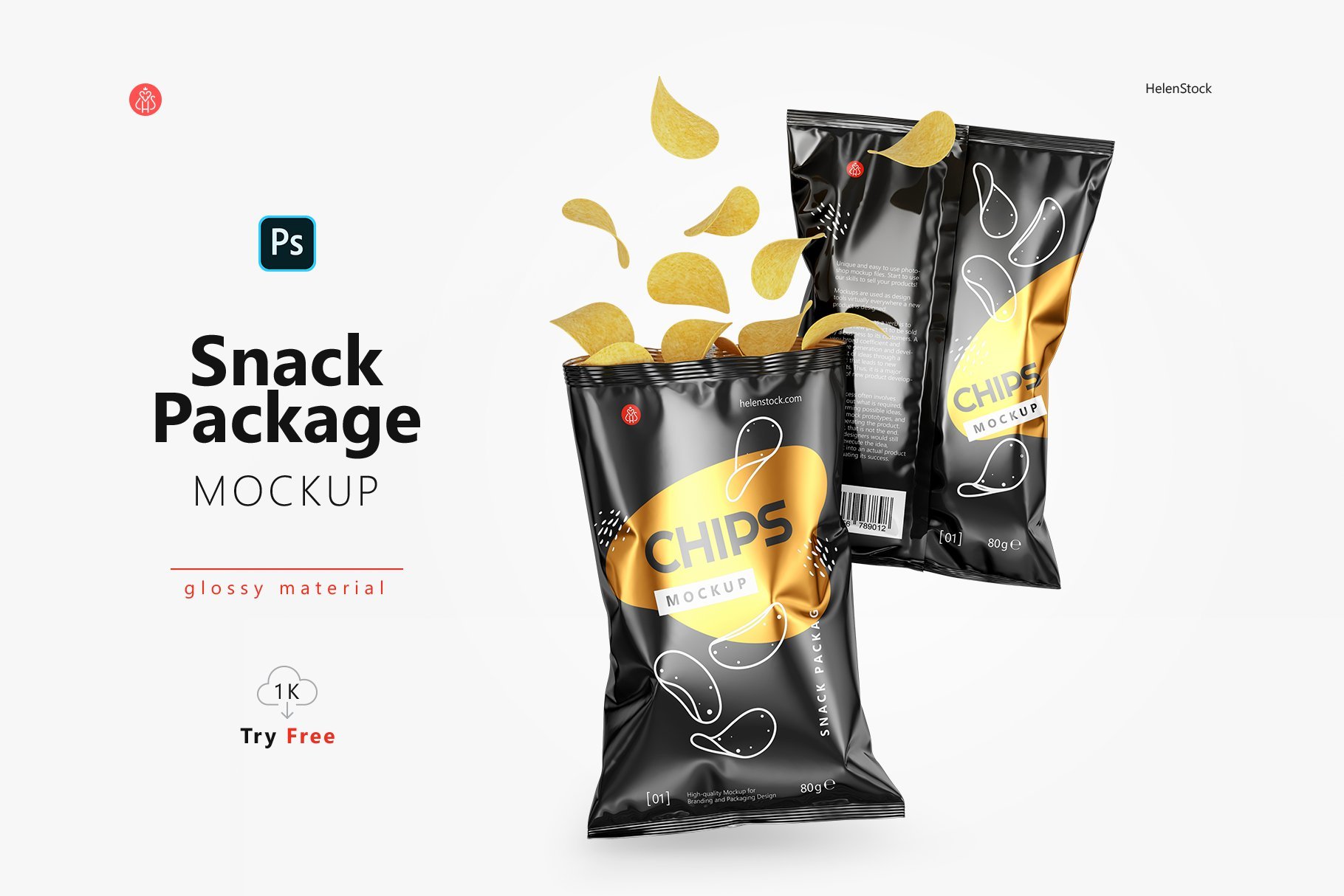 Two Glossy Snack Package Mockup - Halfside View cover