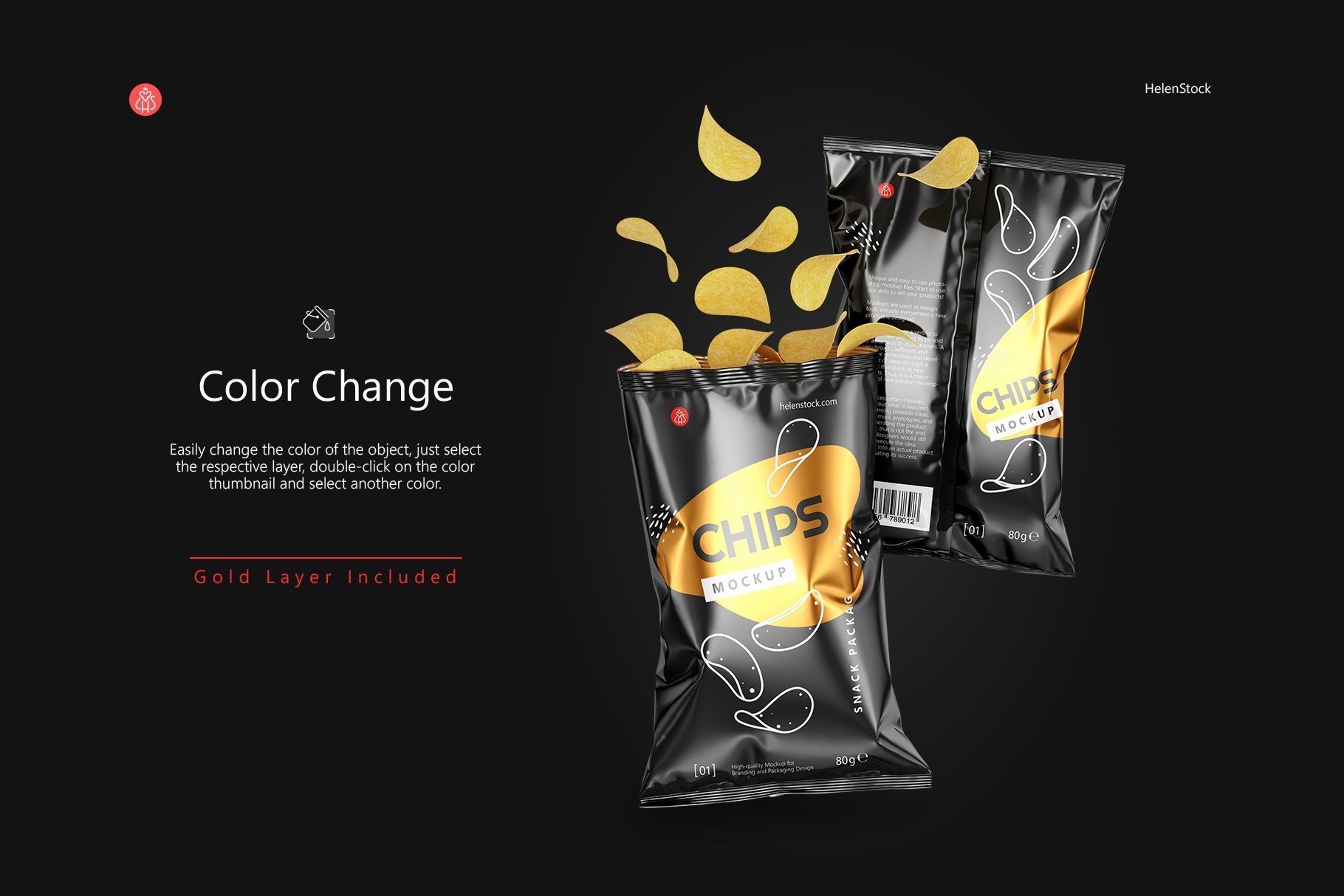 Two Snack Packages with Flying Chips Mockup Color Change