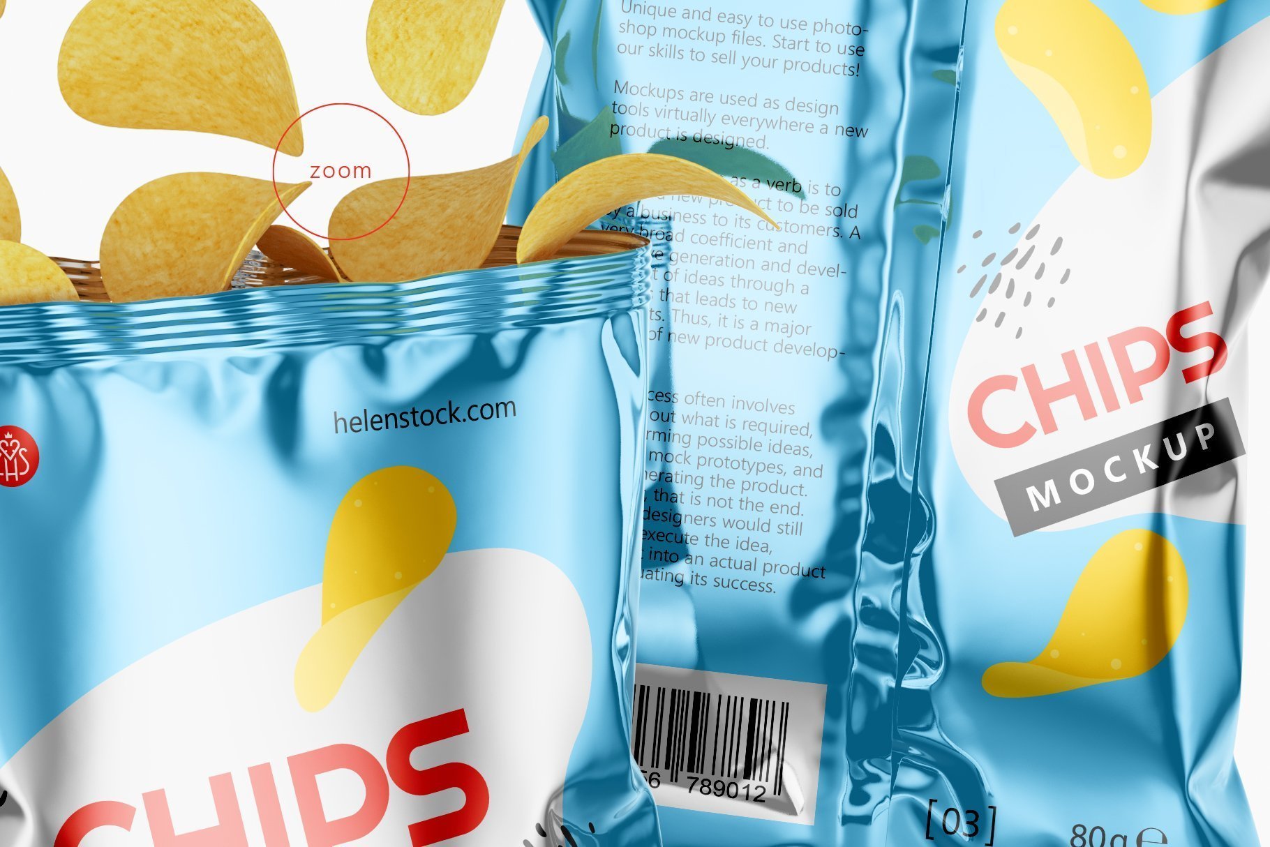 Potato Chips Package Mockups Close-Up, Zoom